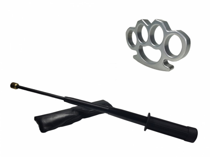 Set baston telescopic flexibil negru maner tip tonfa 47 cm + box argintiu 0,5 cm grosime