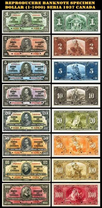 set 8 reproduceri bancnote Specimen Seria 1937 Canada