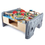 Set trenulet din lemn cu masa de joaca si locomotiva motorizata Hape 70 piese