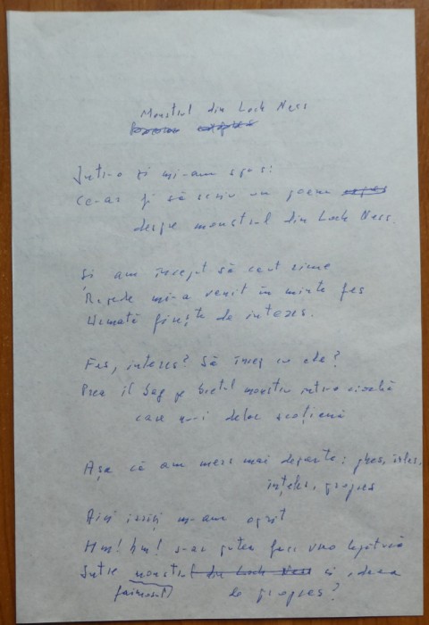 Manuscris olograf Geo Bogza, poezia Monstrul din Loch Ness, 2 pagini