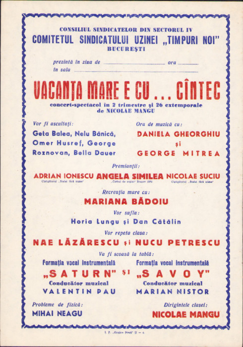 HST A454 Afiș concert Angela Similea Nae Lăzărescu Savoy Rom&acirc;nia comunistă