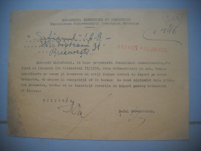 HOPCT DOCUMENT VECHI 304 MINISTERUL INDUSTRIEI COMERT EXTERIOR /BUCURESTI 1936 foto