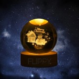 Lampa LED Decorativa, cu Bila de Cristal cu Diametru 6cm, Model Merry Christmas 3D, Alimentare USB, Suport din Lemn