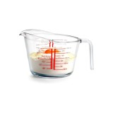 Ceșcă de măsurat din sticlă de 1000 ml, cu g&acirc;t &icirc;nălțat pentru turnare ușoară, transparentă cu marcaje roșii