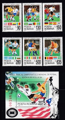 ROMANIA 1994 LP 1344 LP 1345 TURNEUL FINAL AL CAMPIONATULUI MONDIAL DE FOTBAL SUA 94 SERIE SI COLITA STARE MNH foto