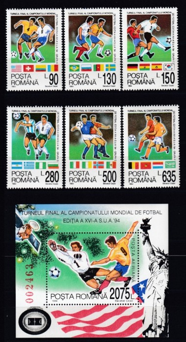 ROMANIA 1994 LP 1344 LP 1345 TURNEUL FINAL AL CAMPIONATULUI MONDIAL DE FOTBAL SUA 94 SERIE SI COLITA STARE MNH