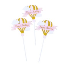 Set 3 toppere pentru tort, flippy, model balon cu aer cald happy birthday, tematica aniversare, roz