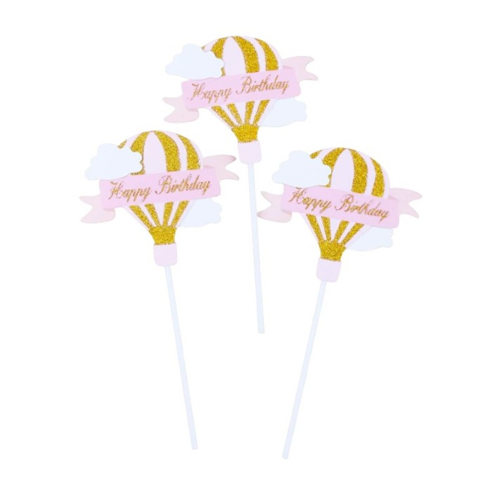 Set 3 toppere pentru tort, flippy, model balon cu aer cald happy birthday, tematica aniversare, roz