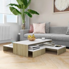 vidaXL Set măsuțe cafea suprapuse, alb&amp;stejar sonoma, 100x100x26,5 cm