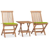 Set mobilier gradina vidaXL, 3 piese, lemn masiv tec, pliabil, cu perne verde aprins, masa 50x50 cm, scaune 46x62x90 cm