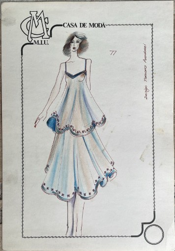 Tehnică mixtă pe carton subțire, Casa de Modă M.I.U., 30 x 21 cm, design Tamara AVADANEI modă rom&acirc;nească, schiță 3 vestimentară