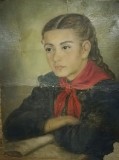 Elevă Utemista ulei / carton anii 50 comunism 57x48 cm, arta proletcultistă