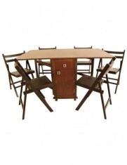 Set masa plianta cu spatiu depozitare, usa si sertar, Pal Melaminat, 160x96x80 cm si 6 scaune pliante lemn, tapitate cu piele ecologica, wenge