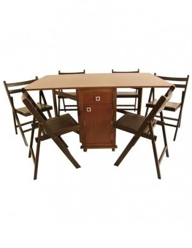 Set masa plianta cu spatiu depozitare, usa si sertar, Pal Melaminat, 160x96x80 cm si 6 scaune pliante lemn, tapitate cu piele ecologica, wenge