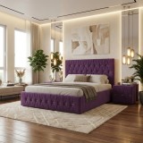 Pat Tapitat Iris Mov Catifea Premium cu Noptiere Tapitate Disponibil acum