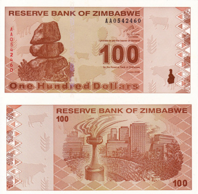 ZIMBABWE 100 dollars 2009 UNC!!! foto