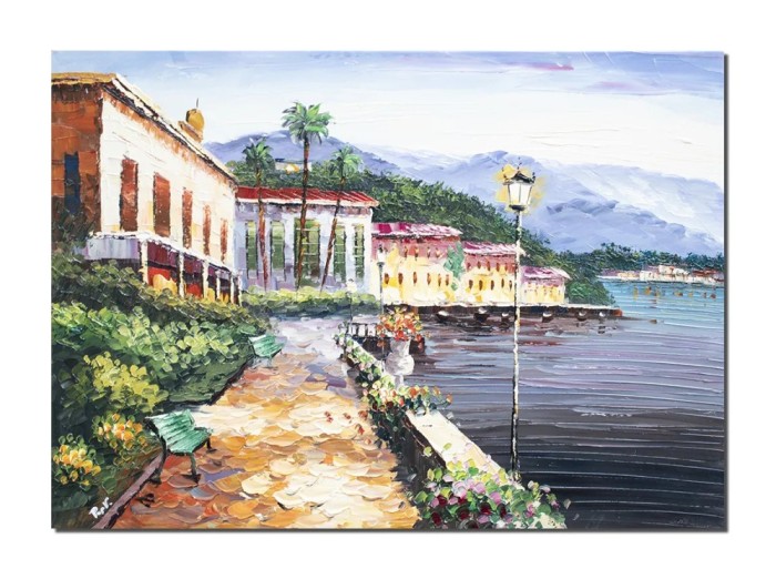 Tablou Bellagio lacul Como pictat manual, Pe inserat, 70x50cm ulei pe panza, Valentin Pop