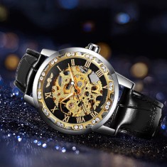 Ceas barbatesc Winner CS1745, automatic, piele naturala, negru, cadran auriu