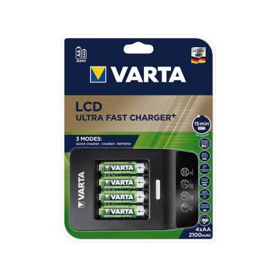 Incarcator Baterii Varta LCD Ultra Fast, Cu 4 x Baterie AA (2100 mAh AA + 12V), Negru foto