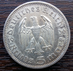 (A29) MONEDA DIN ARGINT GERMANIA - 5 MARK 1936, LIT. A, PAUL VON HINDENBURG foto