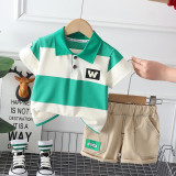 Costumas pentru baietei cu tricou tip polo in dungi verzi si ivoire (Marime, Superbaby