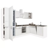 Mobilă de bucătărie de colț Yorki 310, corp alb, față alb satinat, element inferior cuptor, frigider cu dedurizator de gătit inferior
