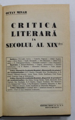 CRITICA LITERARA A SECOLULUI AL XIX - LEA de OCTAV MINAR , EDITIE INTERBELICA , SUBLINIATA CU CREIONUL * foto