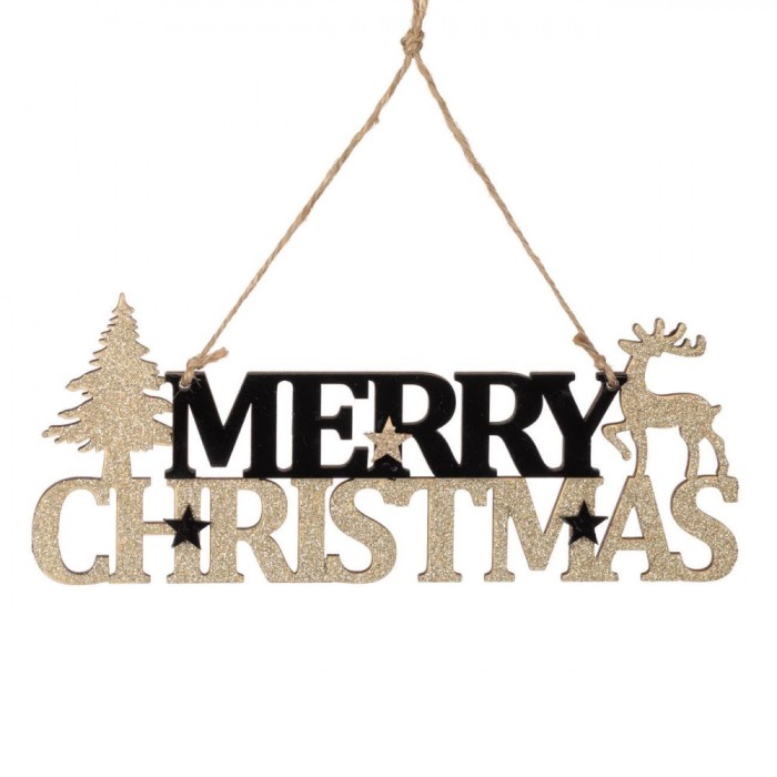 Decoratiune Craciun Lemn, Merry Christmas, Catifea Neagră, Glitter Auriu, 21.5x9cm
