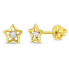 Cercei din Aur 14K pentru Copii &ndash; Steluta cu piatra CZ alba, inchidere cu Filet si Protectie