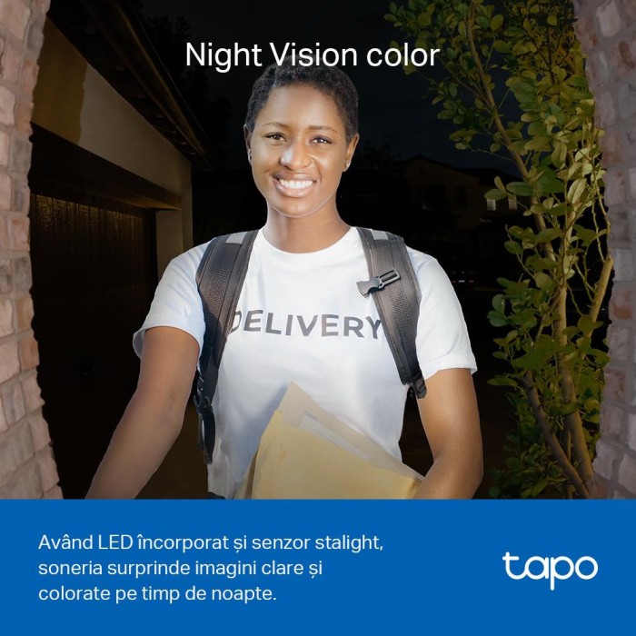 Sonerie video inteligenta Tapo D230S1, 2K 5MP, baterie reincarcabila 180 zile, vedere nocturna color, detectie AI, IP64, Wi-Fi 2.4GHz SafetyGuard Surv