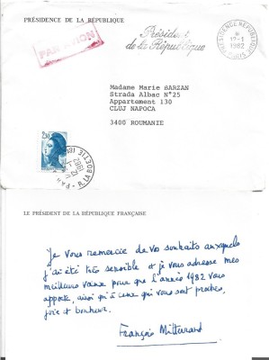 A3406N Fran&amp;ccedil;ois Mitterand către Maria Barzan din Cluj-Napoca, 1982, mesaj și semnătură olografe facsimilate plic cu antet Pr&amp;eacute;sident de la R&amp;eacute;publique foto