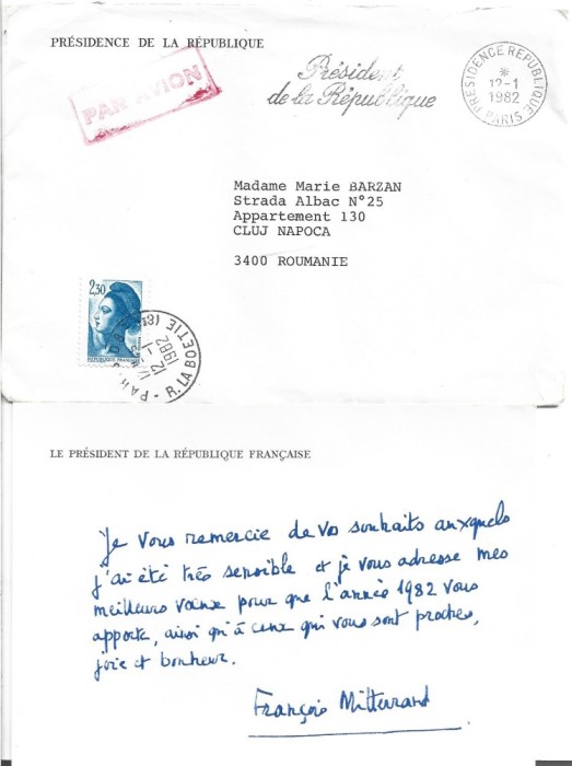 A3406N Fran&ccedil;ois Mitterand către Maria Barzan din Cluj-Napoca, 1982, mesaj și semnătură olografe facsimilate plic cu antet Pr&eacute;sident de la R&eacute;publique
