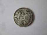 Rara! Suedia 50 Ore 1877 aUNC argint cu patina deosebitas,tiraj=149 000 bucati, Europa