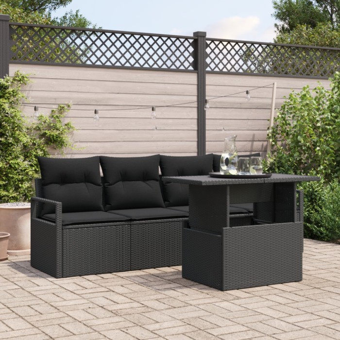 Set de sofa de gradina Gossi cu 5 piese si perna negru poli ratan, sofa de gradina Gossi pentru 2 persoane cu spatiu de depozitare si perna negru poli