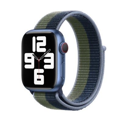 Curea textila sport loop marca THD pentru Apple Watch 45 mm, marime universala, seria 7 si seria 8, cu dungi albastru si verde inchis foto