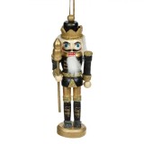 Ornament Suspendabil Crăciun, Model Soldat, Lemn, Rege, Culoare Negru cu Glitter Auriu, 13 cm, Oem