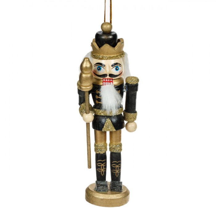 Ornament Suspendabil Crăciun, Model Soldat, Lemn, Rege, Culoare Negru cu Glitter Auriu, 13 cm