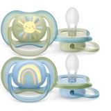 Set 2 suzete Philips-Avent SCF085/58, ultra air pacifier 0-6 luni, Ortodontice, fara BPA, Curcubeu/Soare