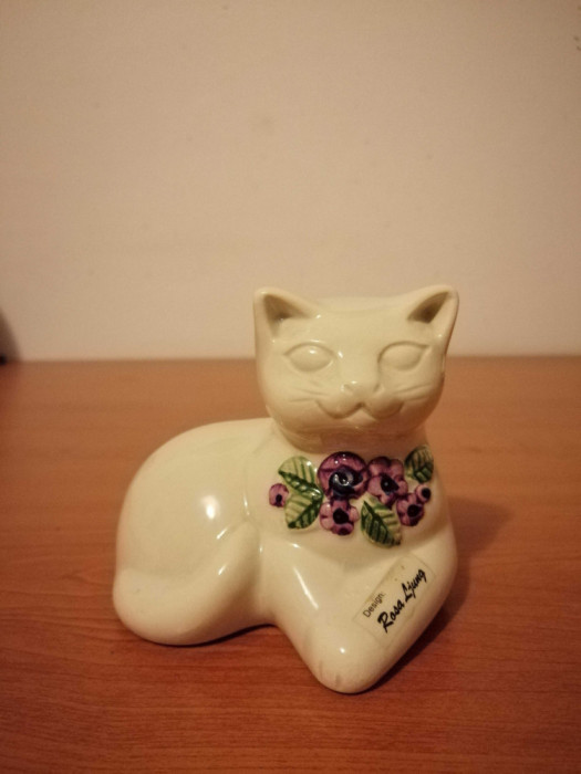 figurina Pisica ceramica vintage flori mov Rosa Ljung Suedia Deco Ceramic