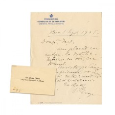 Petru Groza, scrisoare olografa catre Petre Constantinescu-Ia?i, 1945 + cartea de vizita a lui Petru Groza foto