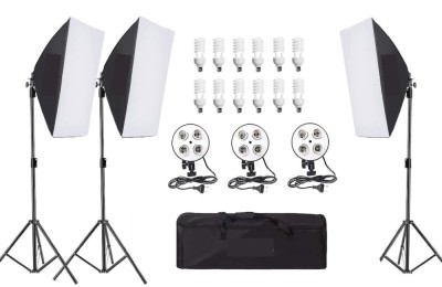 Kit de 3 softboxuri, soclu de 4 becuri, 3 trepiezi reglabili 200 cm, 12 becuri de 45W, geanta de transport inclusa foto