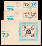 1970 Romania, 3 FDC CM Fotbal Mexic (serie + colita) LP 729 &amp; LP 729 a, Romania de la 1950, Sport