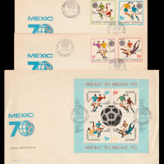 1970 Romania, 3 FDC CM Fotbal Mexic (serie + colita) LP 729 & LP 729 a