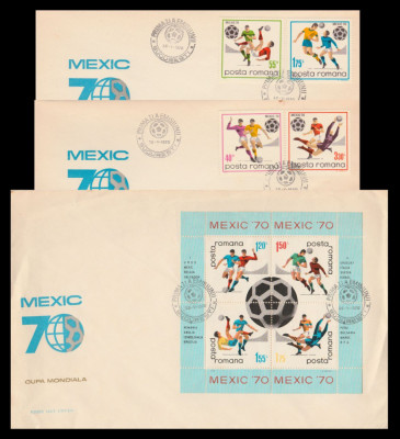 1970 Romania, 3 FDC CM Fotbal Mexic (serie + colita) LP 729 &amp;amp; LP 729 a foto