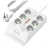 Prelungitor electric vertical tip turn cu 6 prize,4 porturi USB-A si 2 porturi USB-C,incarcare wireless prin inductie pentru telefoane,maxim 2500 W