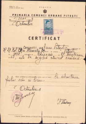 HST A2258 Certificat naționalitate colonel dr Constantin Stamatiu Pitești 1943 foto