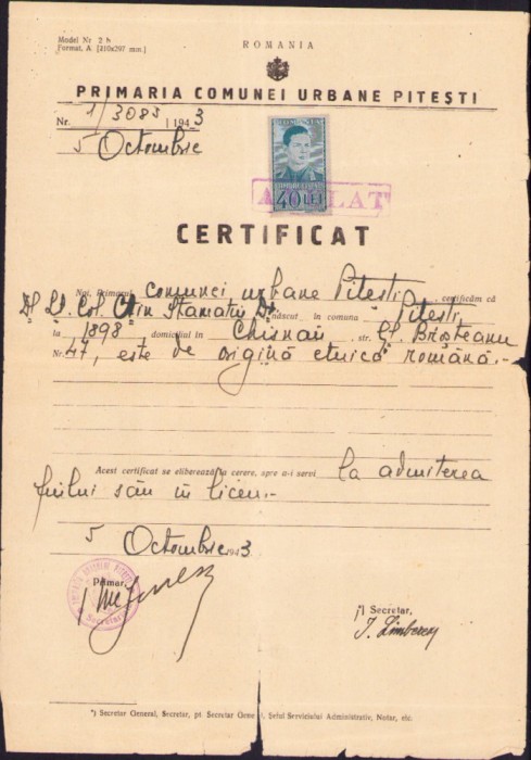 HST A2258 Certificat naționalitate colonel dr Constantin Stamatiu Pitești 1943