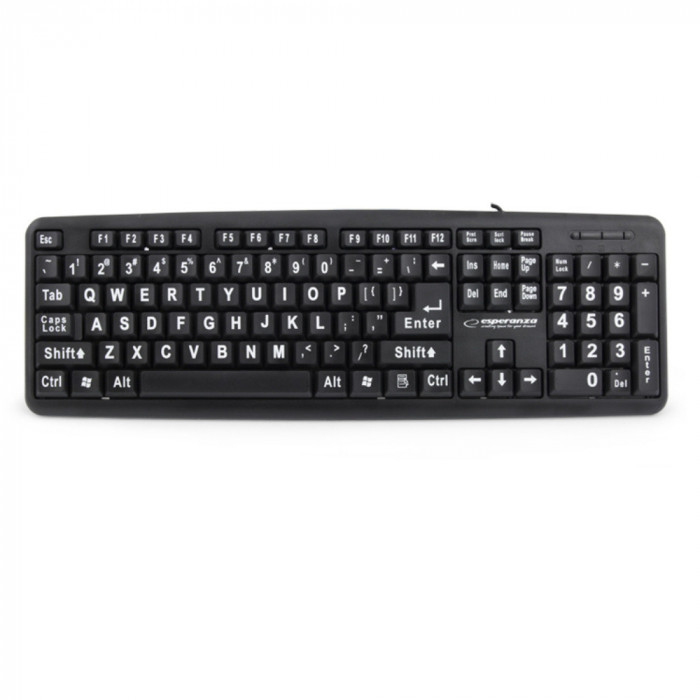 Tastatura cu fir si conectare USB , Esperanza Florida, cu litere si simboluri mari, 104 taste, neagra