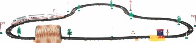 Trenulet de jucarie pentru copii, electric, functionare cu baterii, 2 locomotive si 1 vagon pasageri, 80 piese incluse, lungime traseu 450 cm, cu tune foto