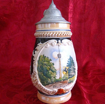 HALBA CERAMICA CU COBALT SI CAPAC ZINC DECOR STUTTGART TURNUL DE TELEVIZIUNE 21 CM foto